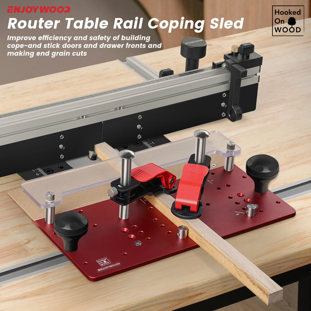 ENJOYWOOD Hooked On Wood Precision Router Table Rail Coping Sled Woodworking Professional Rail Guide Safety Coping Sled for Cabinet Door Joints / Drawer Fronts — view 2