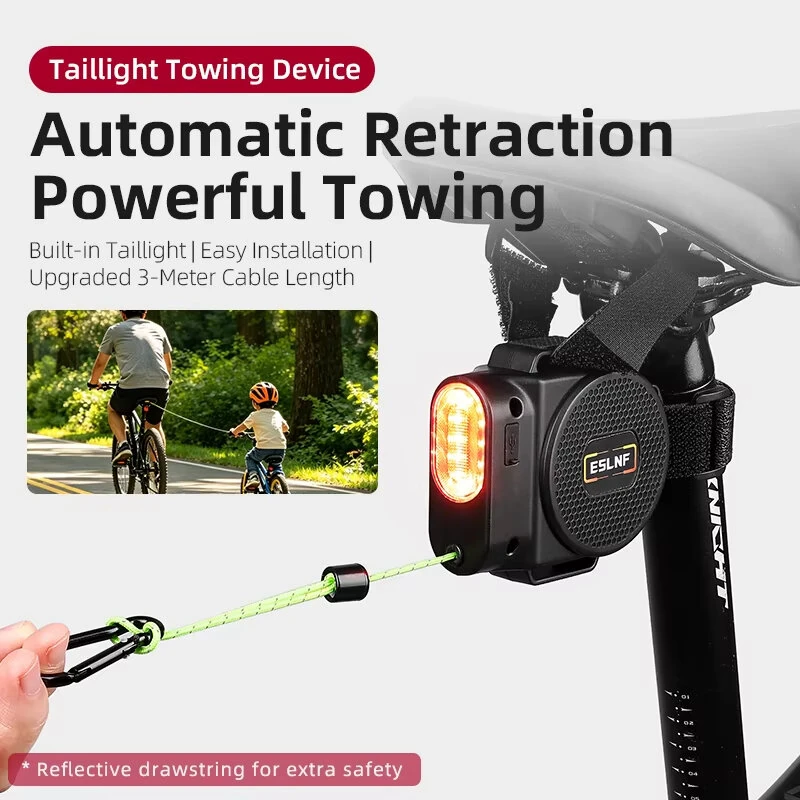 ESLNF Retractable Bicycle Towing Rope with Tail Light 3M Reflective Cord with 130KG Max Load Parent-Child Cycling Safety Gear — view 2