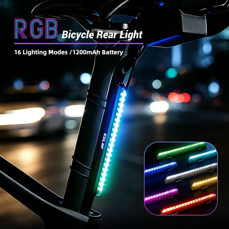 ESLNF RGB Flowing Seat Rail Mount Bike Taillight 1200mAh Type-C Rechargeable IPX4 Waterproof for Night Riding — view 2