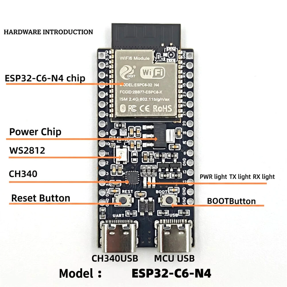 ESP32-C6-DevKitC-1 Development Board ESP32-C6 N4 Wi-Fi 6 Bluetooth 5 LE RISC-V 160 MHz 512KB SRAM 12-Bit ADC SPI UART I2C Module — view 4