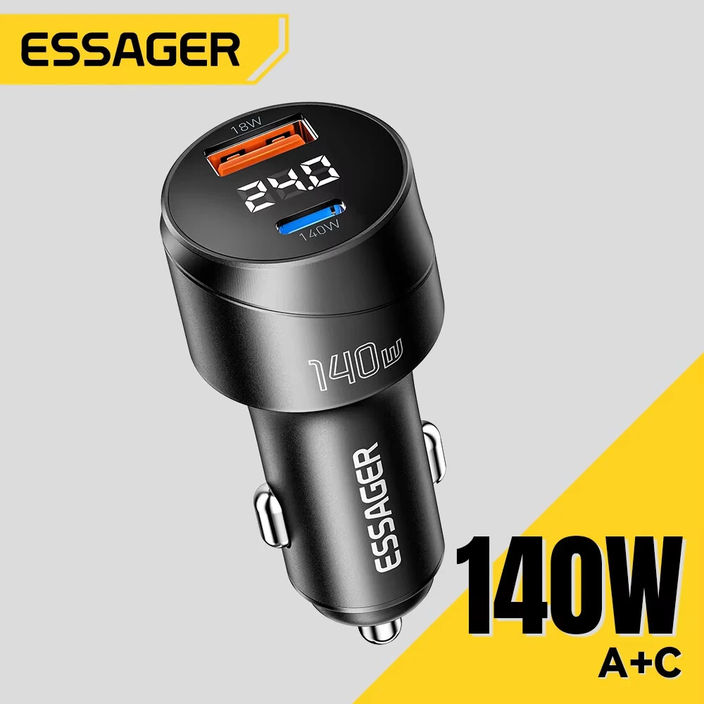 ESSAGER 140W USB-A Type-C Car Charger Multi-Protocol PD Fast Charging Digital Display Aluminum Alloy Universal Fit 12-24V Car — ESSAGER