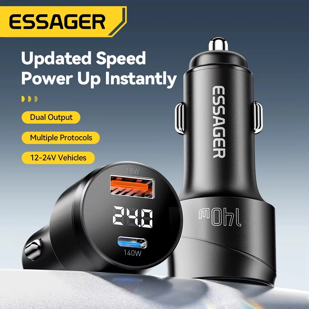 ESSAGER 140W USB-A Type-C Car Charger Multi-Protocol PD Fast Charging Digital Display Aluminum Alloy Universal Fit 12-24V Car — view 3