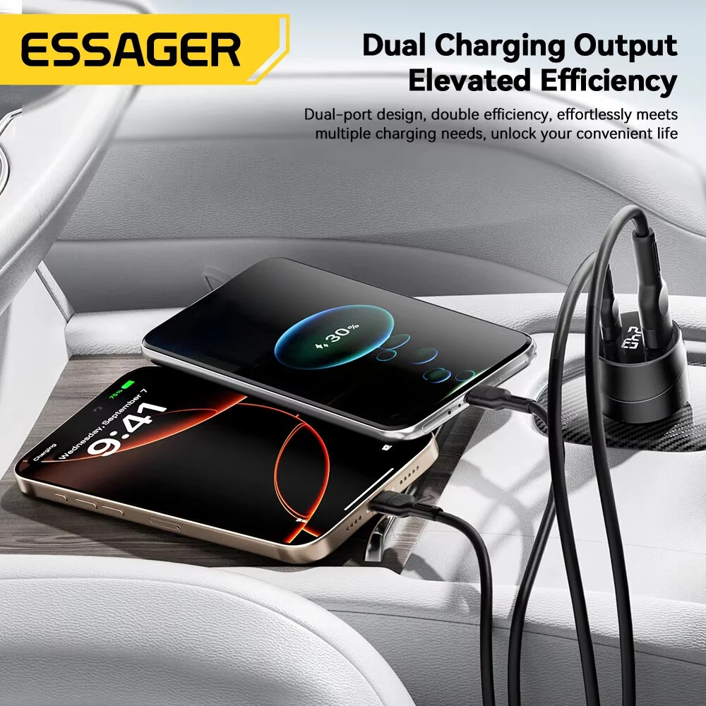 ESSAGER 140W USB-A Type-C Car Charger Multi-Protocol PD Fast Charging Digital Display Aluminum Alloy Universal Fit 12-24V Car — view 6