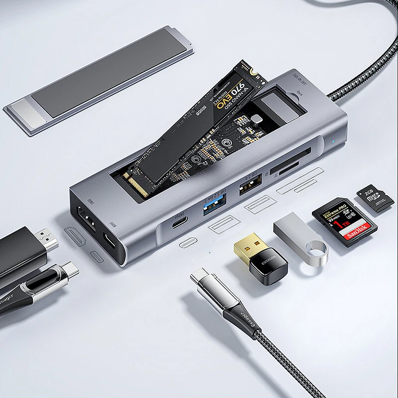 ESSAGER 8-in-1 Docking Station with Disk Storage USB 2.0 USB 3.2 Gen 2 10Gbps USB-C Data PD100W USB-C 4K@30Hz HD SD/TF Card Reader Slot Multiports M.2 SSD USB Hubs Splitter for Phone TV Tablet Laptop — ESSAGER