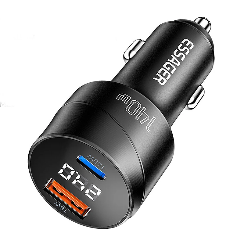ESSAGER ES-CC19 140W 2-Port USB PD Car Charger USB-A+Type-C Support PD3.1 QC3.0 AFC FCP SCP PPS Fast Charging with Digital Display for iPhone 16 15 Pro 14 13 12 Pro Max for Samsung Galaxy Z Flip6 for Xiaomi 15pro for Huawei Mate XT — ESSAGER