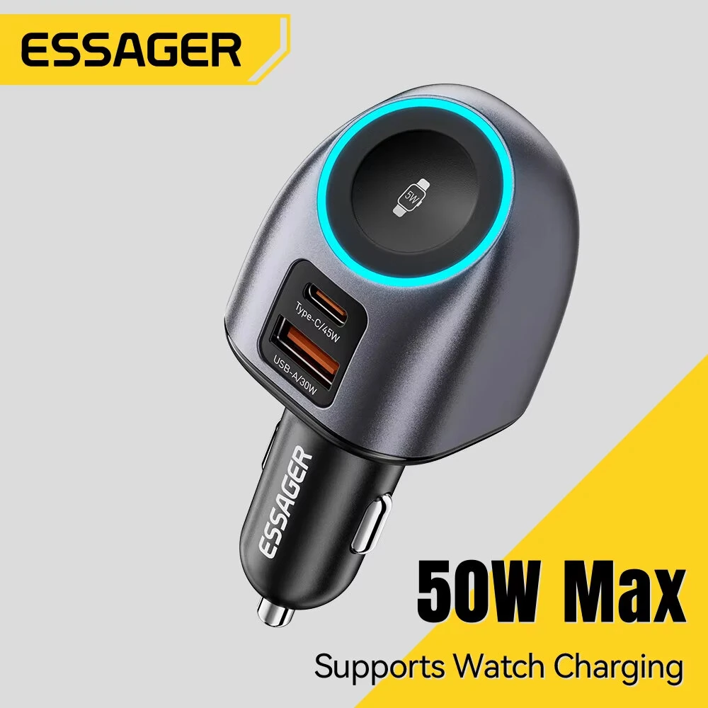 ESSAGER ES-CC31 50W 2-in-1 Car Charger with Watch Charging USB-A+USB-C+Watch Charger Support PD3.0 QC2.0/3.0/4.0 AFC PPS SCP FCP Fast Charging for iPhone 17 17Pro 16 Pro Max 15 14 for Huawei Mate XTs for OPPO for VIVO — view 2