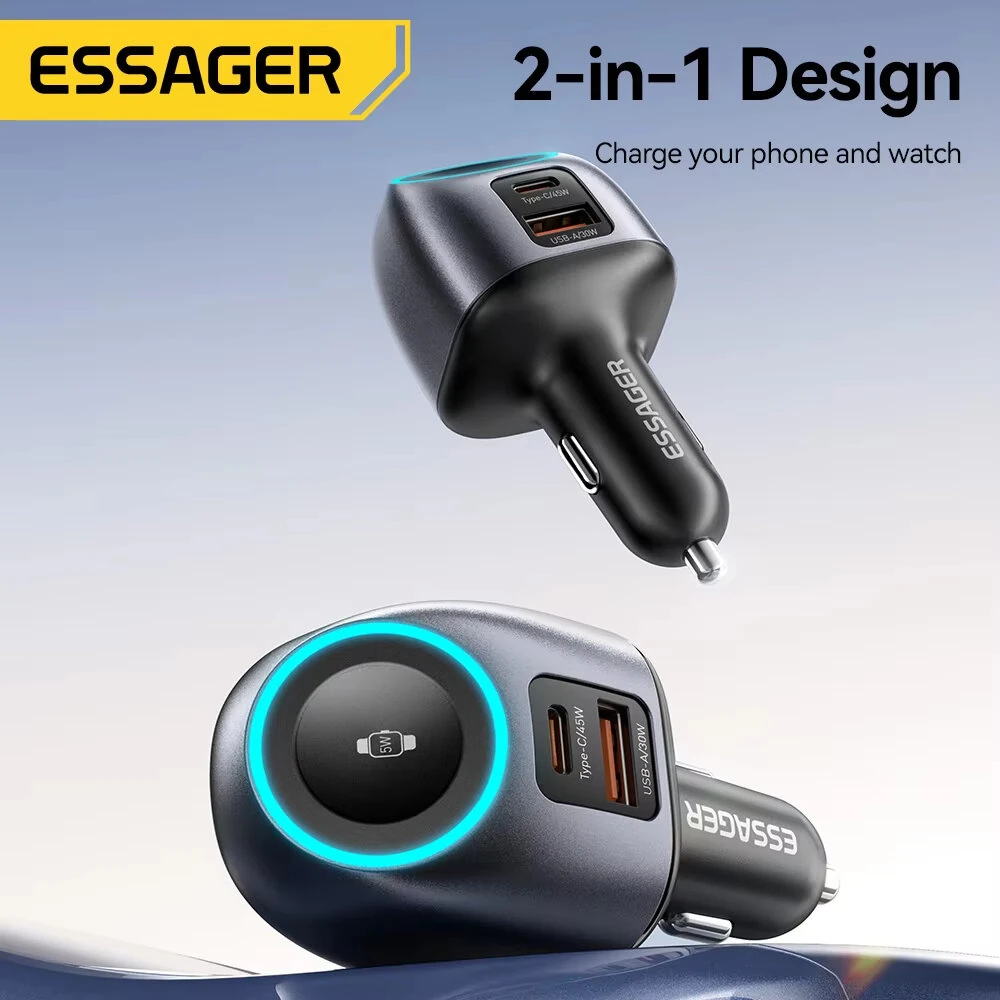 ESSAGER ES-CC31 50W 2-in-1 Car Charger with Watch Charging USB-A+USB-C+Watch Charger Support PD3.0 QC2.0/3.0/4.0 AFC PPS SCP FCP Fast Charging for iPhone 17 17Pro 16 Pro Max 15 14 for Huawei Mate XTs for OPPO for VIVO — view 3