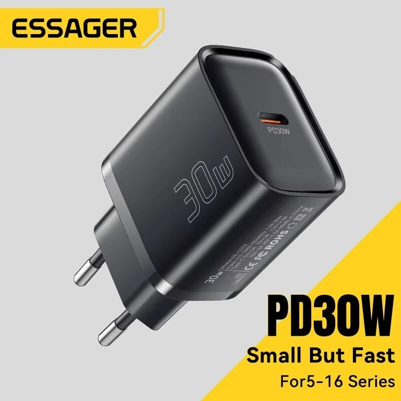 ESSAGER ES-CD52 30W 1-Port USB PD Charger USB-C PD3.0 QC3.0 FCP SCP BC1.2 iP2.4A Fast Charging Wall Charger Adapter EU Plug for iPhone 16 16 Pro 15 14 13 Pro Max for Huawei Pura 80 Ultra for Xiaomi MIX Flip 2 — view 2