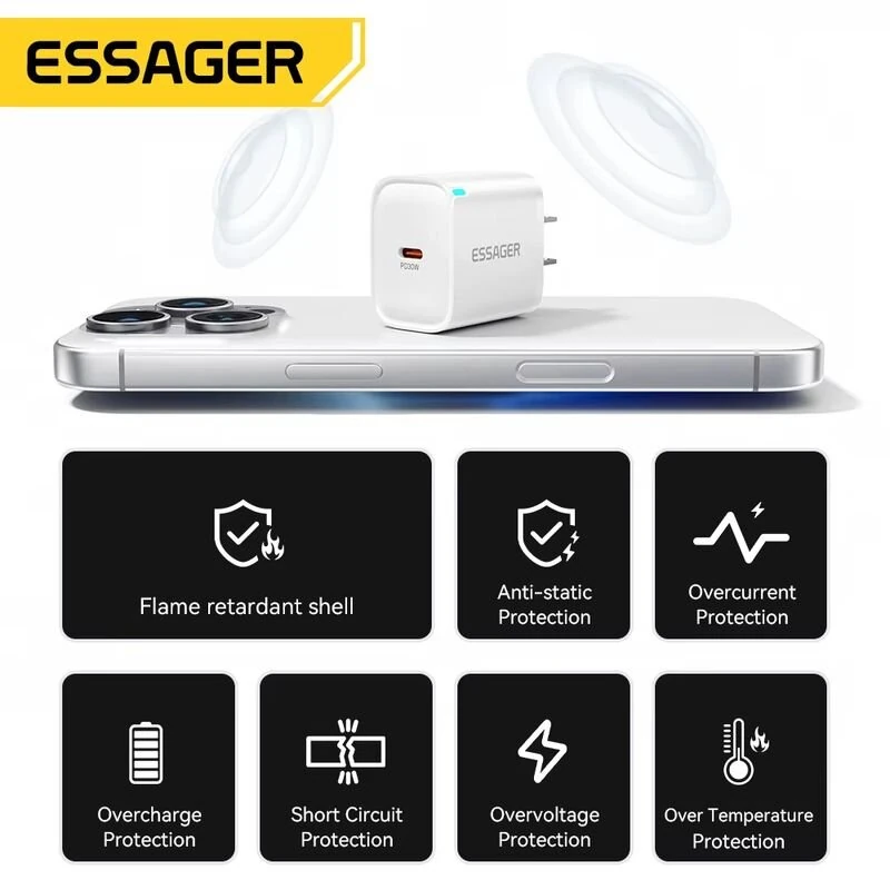 ESSAGER ES-CD52 30W 1-Port USB PD Charger USB-C PD3.0 QC3.0 FCP SCP BC1.2 iP2.4A Fast Charging Wall Charger Adapter EU Plug for iPhone 16 16 Pro 15 14 13 Pro Max for Huawei Pura 80 Ultra for Xiaomi MIX Flip 2 — view 6