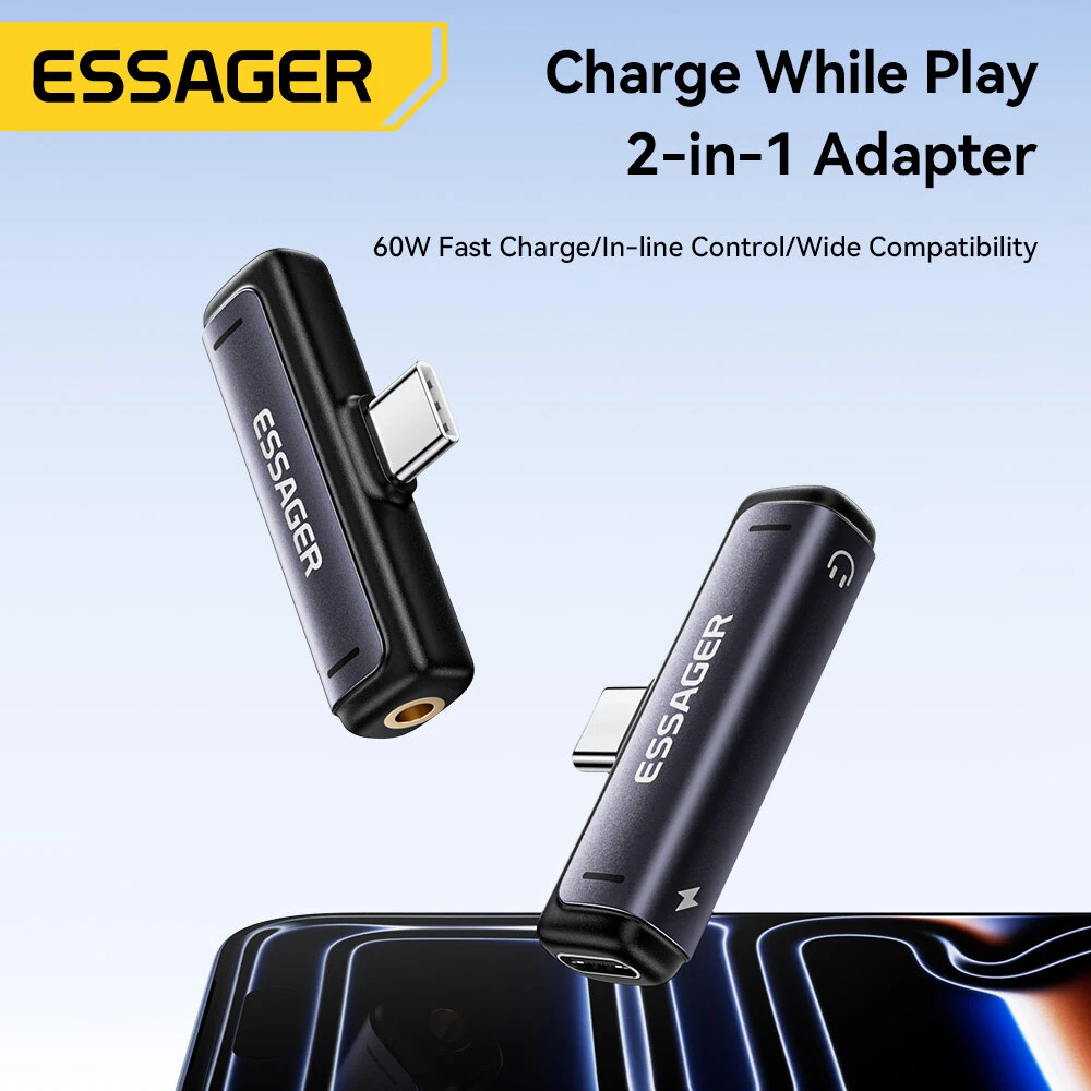 ESSAGER ES-OTG38 2-in-1 USB-C to 3.5mm Headphone and Charger Adapter PD 60W Fast Charging DAC Audio Converter Type-C Aux Dongle for iPhone for Samsung — view 2