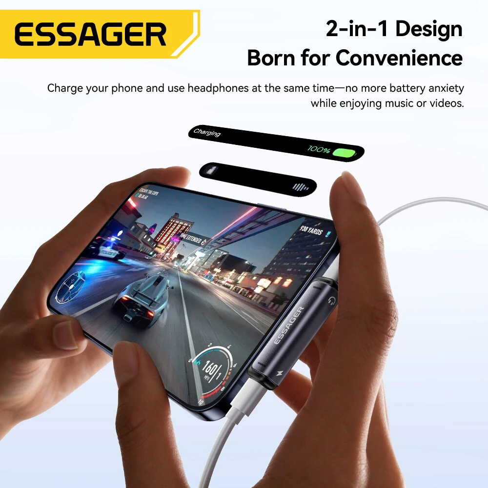 ESSAGER ES-OTG38 2-in-1 USB-C to 3.5mm Headphone and Charger Adapter PD 60W Fast Charging DAC Audio Converter Type-C Aux Dongle for iPhone for Samsung — view 3