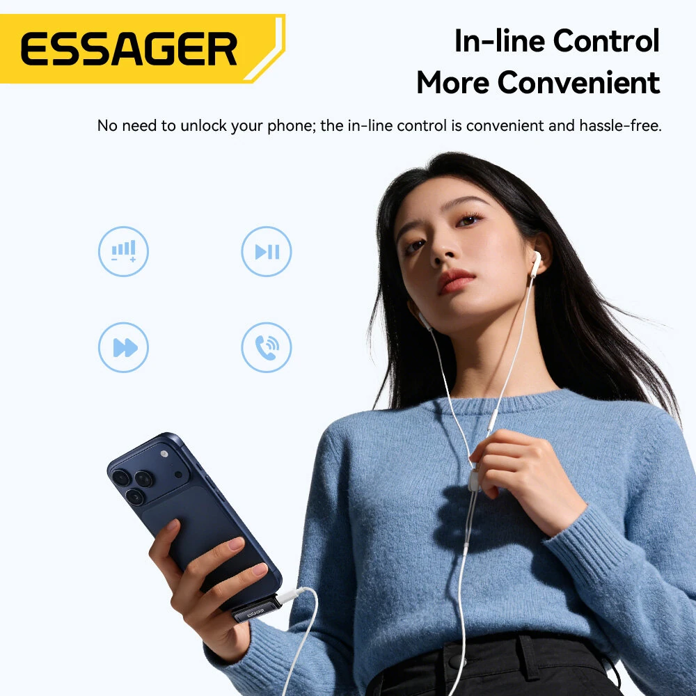ESSAGER ES-OTG38 2-in-1 USB-C to 3.5mm Headphone and Charger Adapter PD 60W Fast Charging DAC Audio Converter Type-C Aux Dongle for iPhone for Samsung — view 6