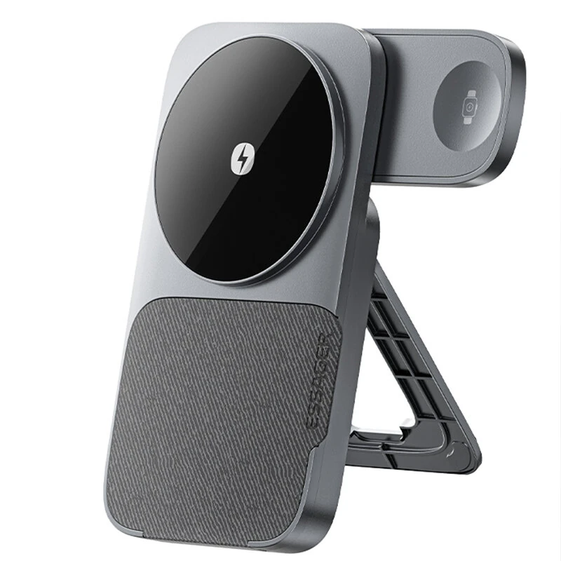 ESSAGER ES-WC09 3-in-1 Magnetic Desktop Wireless Charger 15W Fast Wireless Charging Stand with Phone Bracket Design for Smart Phones for iPhone 17 17Pro Max 16 15 14 for Huawei Pura XTs for Xiaomi 17pro for Apple Watch for Earbuds — ESSAGER