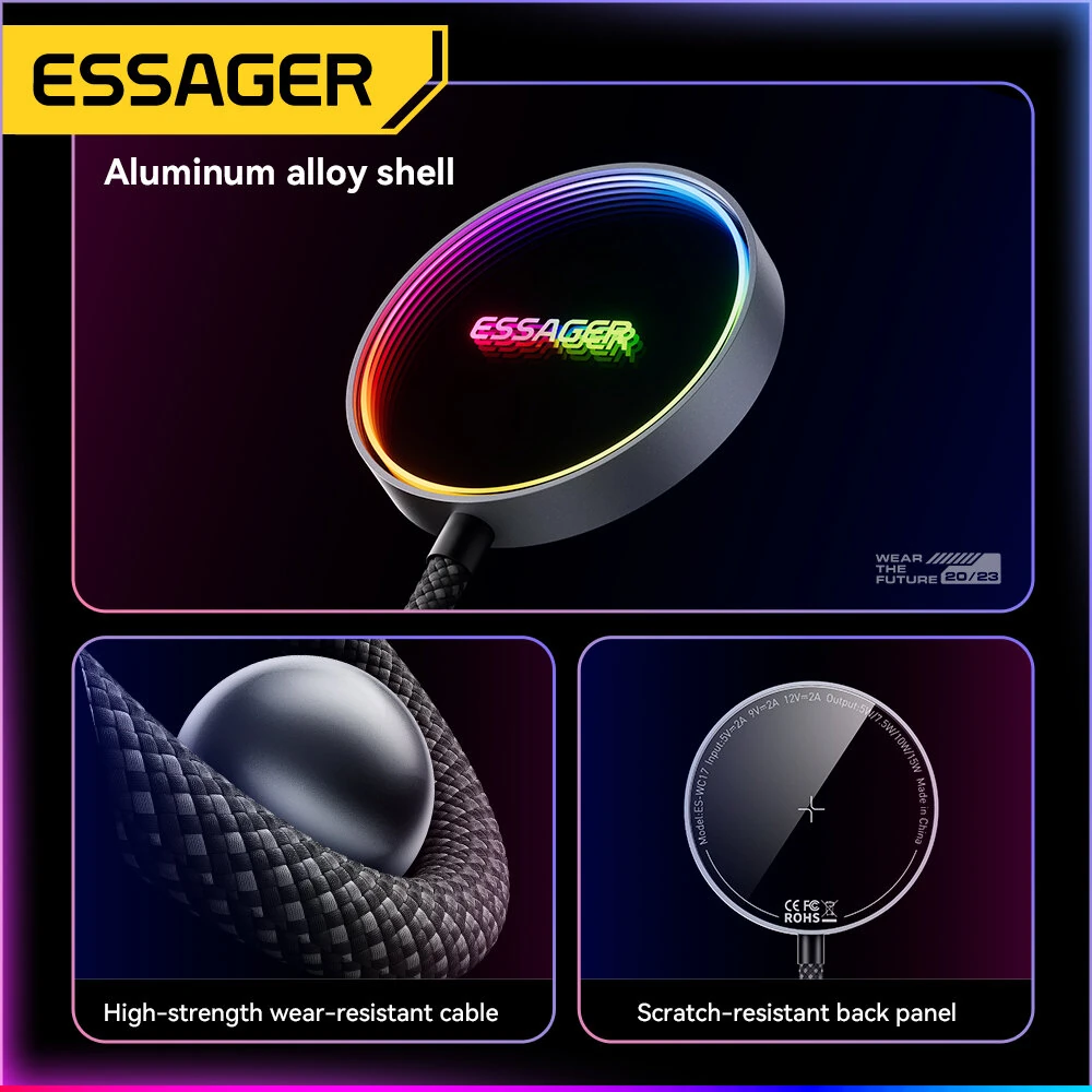 ESSAGER ES-WC17 15W Magnetic Wireless Charger Fast Magnetic Wireless Charger Pad with RGB Light for iphone 17 17Pro 16 Pro Max 15 14 13 for Xiaomi 17pro for OPPO for VIVO — view 7