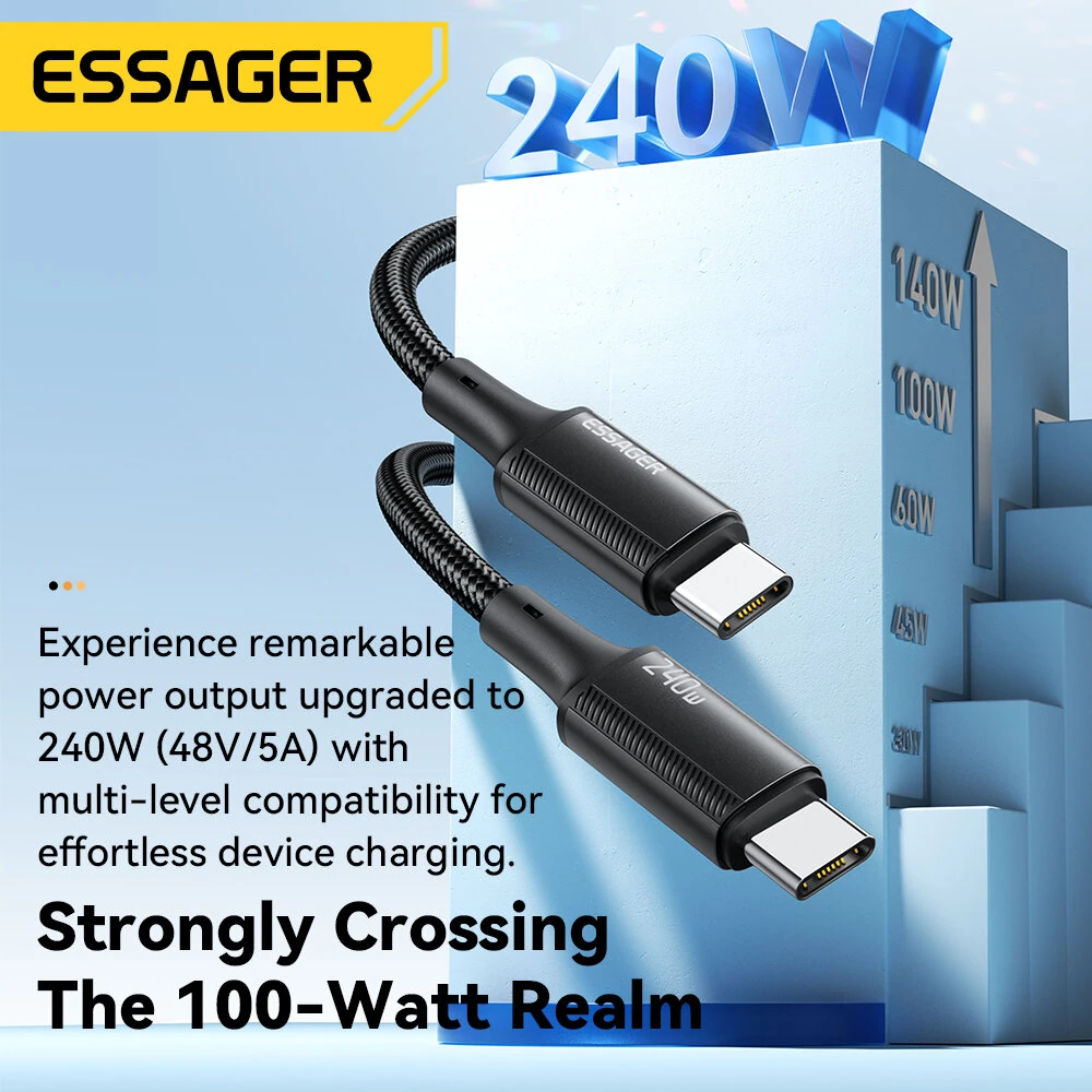 ESSAGER ES-X45 5A 240W Type-C to Type-C Cable PD3.1 Fast Charging Data Transmission Copper Core Line 1M/2M Long for iPhone 15 15 Plus for Samsung Galaxy Z Flip6 for Huawei Nova Flip — view 3