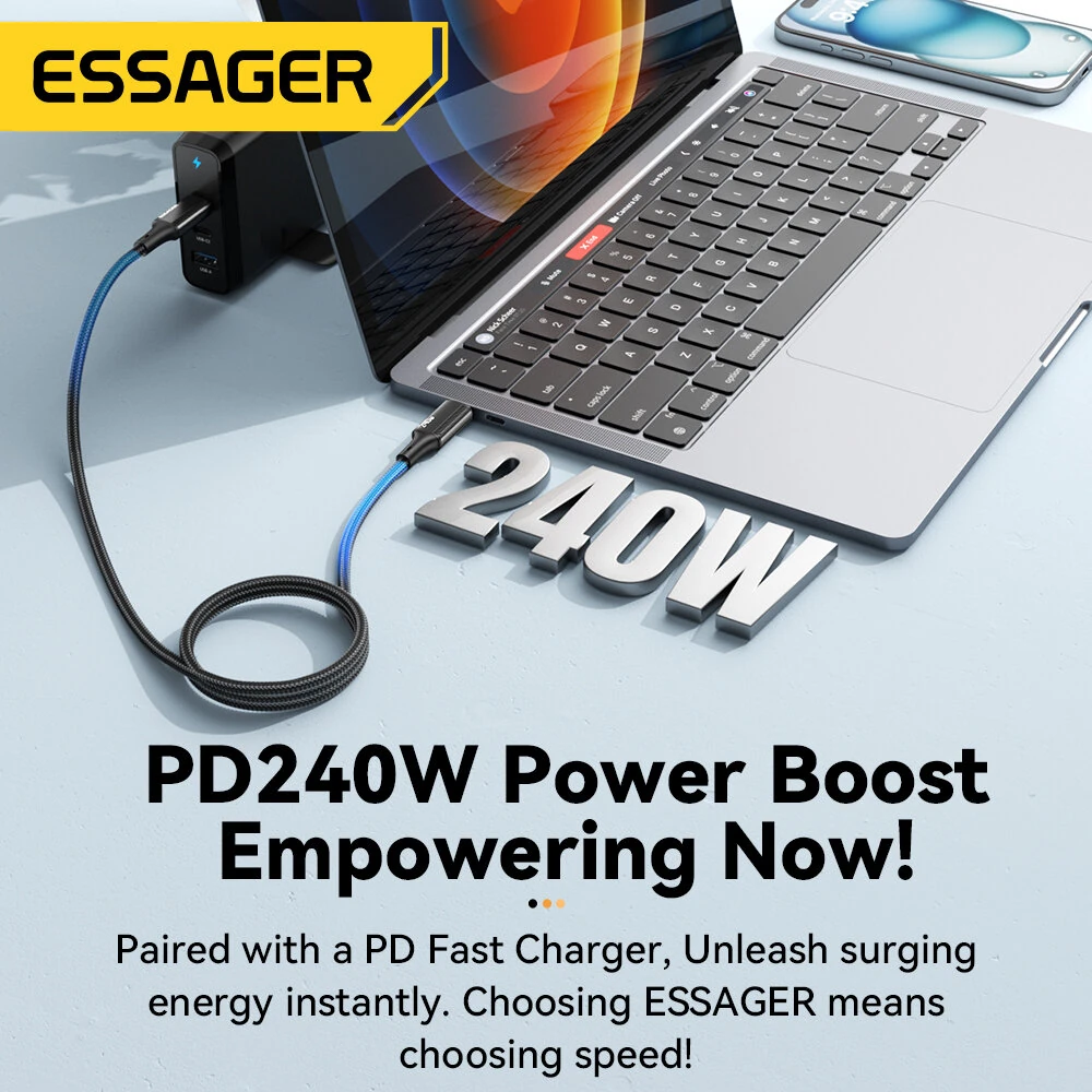 ESSAGER ES-X45 5A 240W Type-C to Type-C Cable PD3.1 Fast Charging Data Transmission Copper Core Line 1M/2M Long for iPhone 15 15 Plus for Samsung Galaxy Z Flip6 for Huawei Nova Flip — view 8