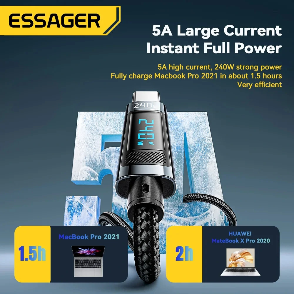 ESSAGER ES-X47 5A 240W Type-C to Type-C Cable Fast Charging Data Transmission Tinned Copper Core Line 1M/2M Long for iPhone 15 15 Plus for Huawei Mate60 Pro for Samsung Galaxy Z Flip4 for Xiaomi 13pro — view 4