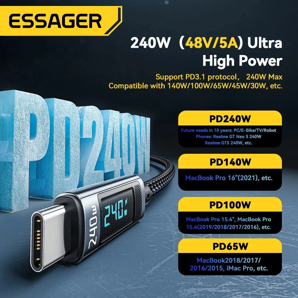 ESSAGER ES-X47 5A 240W Type-C to Type-C Cable Fast Charging Data Transmission Tinned Copper Core Line 1M/2M Long for iPhone 15 15 Plus for Huawei Mate60 Pro for Samsung Galaxy Z Flip4 for Xiaomi 13pro — view 5