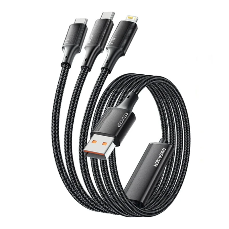 ESSAGER ES-X50 7A 100W USB-A to Micro/iP/Type-C Cable Fast Charging Data Transmission Copper Core Line 1.2M Long for iPhone 16 16Pro 15 14 13 Pro Max for Huawei Mate XT for Xiaomi 15pro for Samsung Galaxy Z Flip6 — ESSAGER