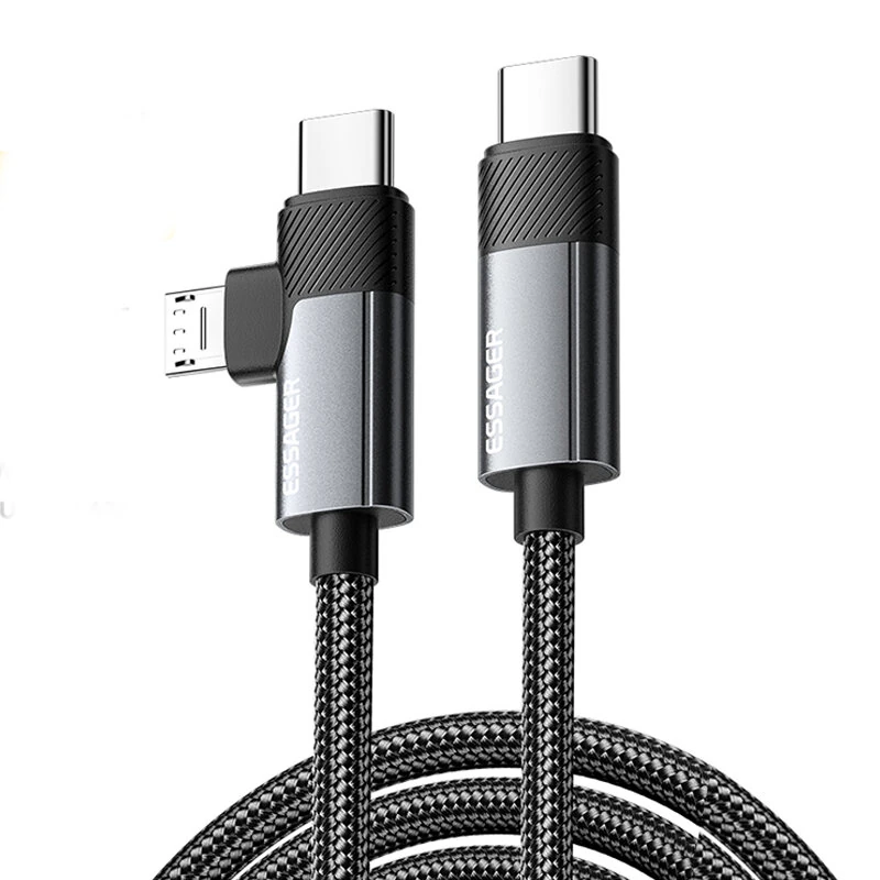 ESSAGER ES-X59 3A 65W USB-C to USB-C+Micro USB Cable QC Fast Charging Data Transmission Tinned Copper Core Line 0.25M/1M/2M Long for iPhone 16 16 Pro 15 15 Pro Max for Huawei Pura 80 Ultra for XIAOMI for SAMSUNG
