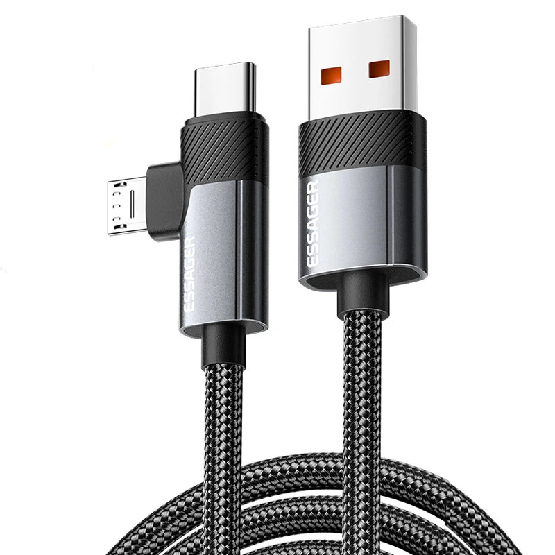 ESSAGER ES-X59 7A USB-A to USB-C+Micro USB Cable QC Fast Charging Data Transmission Tinned Copper Core Line 0.25M/1M/2M Long for iPhone 16 16 Pro 15 15 Pro Max for Huawei Pura 80 Ultra for XIAOMI for SAMSUNG