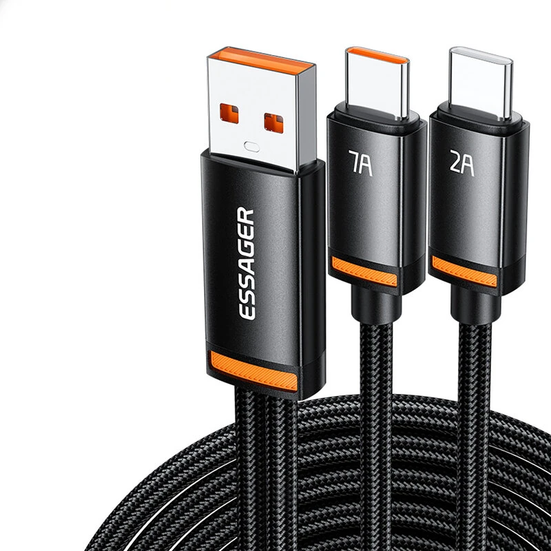 ESSAGER ES-X67 7A 100W USB-A to Type-C+Type-C Cable QC SCP FCP VOOC Fast Charging Data Transmission Tinned Copper Core Line 1M Long for iPhone 16 16 Pro 15 14 for Xiaomi 15 Ultra for Huawei Mate XT for Samsung Galaxy S25 Ultra — ESSAGER