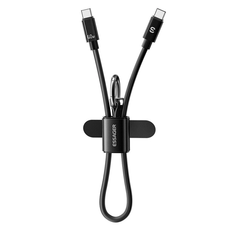 ESSAGER ES-X83 3A 60W Type-C to Type-C Lanyard Cable Fast Charging Data Transmission Copper Core Line 0.3m Long for iPhone 17 17Pro 16 Pro Max 15 for Huawei Mate XTs for Xiaomi 17pro for OPPO