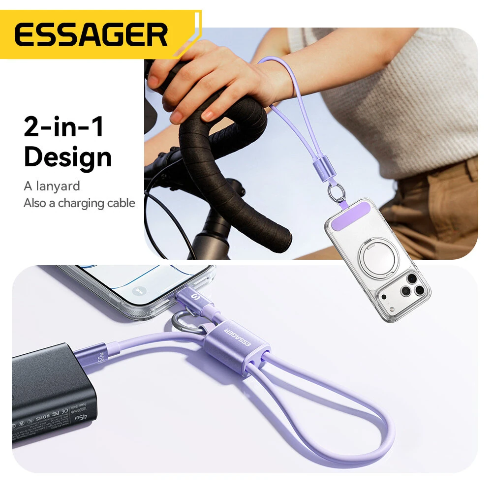 ESSAGER ES-X83 3A 60W Type-C to Type-C Lanyard Cable Fast Charging Data Transmission Copper Core Line 0.3m Long for iPhone 17 17Pro 16 Pro Max 15 for Huawei Mate XTs for Xiaomi 17pro for OPPO — view 2