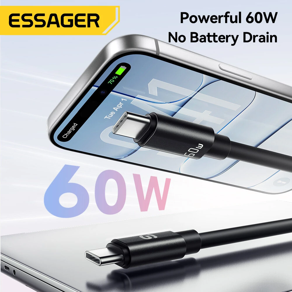ESSAGER ES-X83 3A 60W Type-C to Type-C Lanyard Cable Fast Charging Data Transmission Copper Core Line 0.3m Long for iPhone 17 17Pro 16 Pro Max 15 for Huawei Mate XTs for Xiaomi 17pro for OPPO — view 3