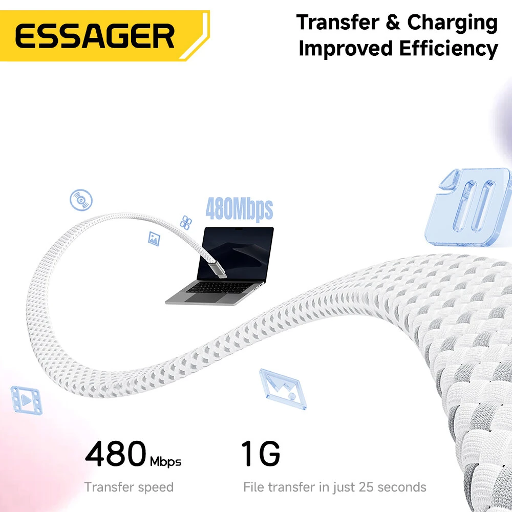 ESSAGER ES-X85 5A 100W USB-C to USB-C Cable Fast Charging Data Transmission Copper Core Line 1M Long for iPhone 17 17Pro 16 Pro Max for Huawei Mate XTs for Xiaomi 17pro for OPPO — view 7