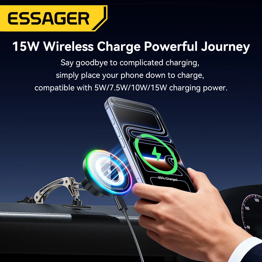 ESSAGER ES-ZJ40 15W Magnetic Wireless Car Charger 360° Rotation Metal Dashboard Mount for Phone Strong Magnet Fast Charging Car Accessory — view 3