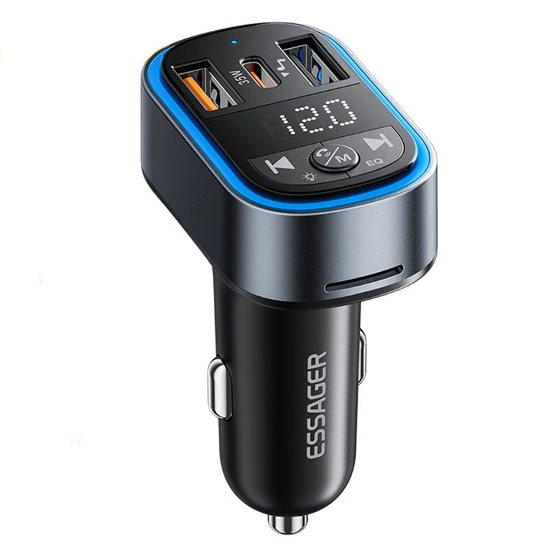 ESSAGER F748 bluetooth 5.3 FM Transmitter 2USB-A+USB-C PD3.0 QC3.0 FCP AFC iP2.4 USB Car Charger LED Digital Display Support TF Card/U Disk Wireless Radio Adapter HiFi Music Play Car Kit With Mic Hands Free Calls
