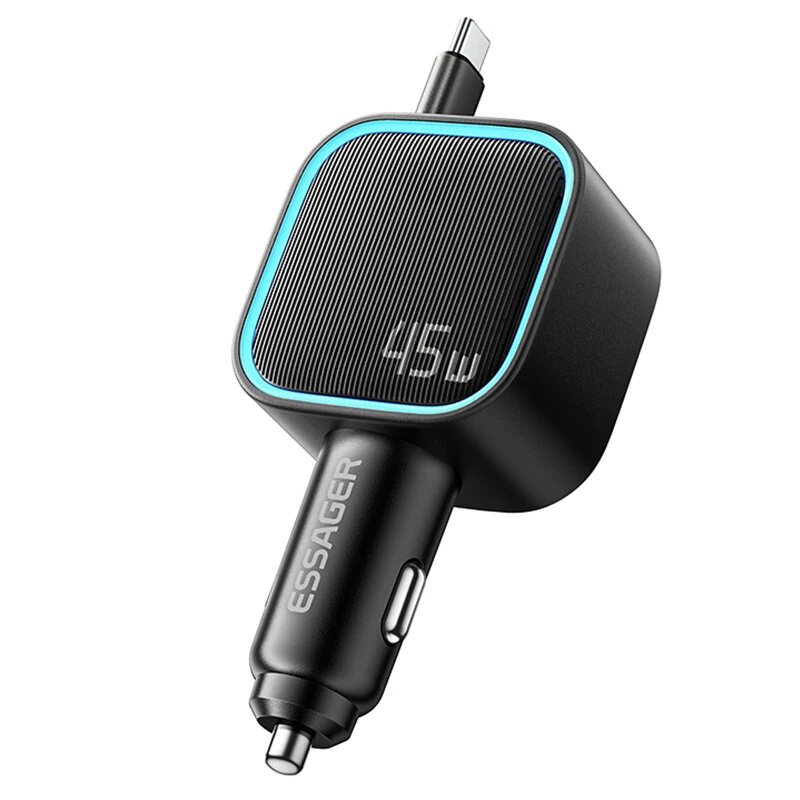 ESSAGER F779 45W 2-Port USB PD Car Charger Adapter with Integrated Type-C Retractable Cable+USB-A+USB-C PD3.0 QC3.0 Support PPS AFC FCP Apple2.4A Fast Charging for iPhone 17 17Pro Max 16 15 14 for Xiaomi 17pro for SAMSUNG for VIVO
