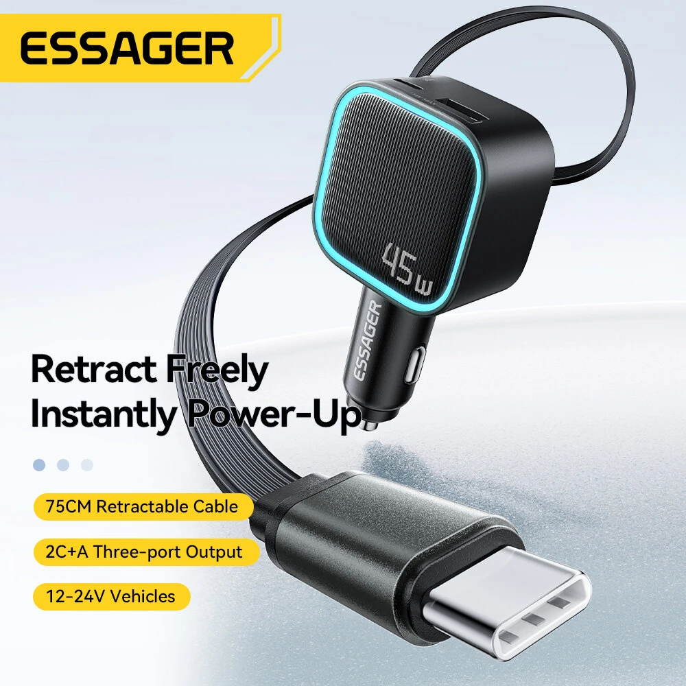 ESSAGER F779 45W 2-Port USB PD Car Charger Adapter with Integrated Type-C Retractable Cable+USB-A+USB-C PD3.0 QC3.0 Support PPS AFC FCP Apple2.4A Fast Charging for iPhone 17 17Pro Max 16 15 14 for Xiaomi 17pro for SAMSUNG for VIVO — view 2