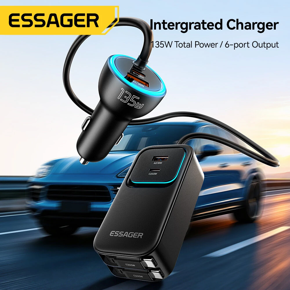 ESSAGER F789 135W Rear-Seat Car Charger with Retractable Cables 2USB-A+2Type-C+2Type-C Retractable Cables Support QC2.0/3.0/4.0 PD3.0 AFC PPS SCP FCP Fast Charging for iPhone 17 17Pro 16 Pro Max 15 14 13 for Huawei Mate XTs for OPPO for VIVO — view 2