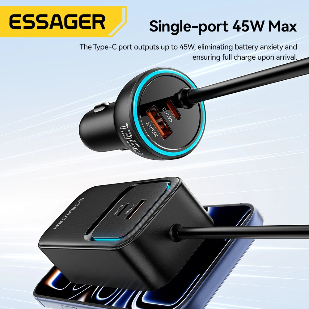 ESSAGER F789 135W Rear-Seat Car Charger with Retractable Cables 2USB-A+2Type-C+2Type-C Retractable Cables Support QC2.0/3.0/4.0 PD3.0 AFC PPS SCP FCP Fast Charging for iPhone 17 17Pro 16 Pro Max 15 14 13 for Huawei Mate XTs for OPPO for VIVO — view 3