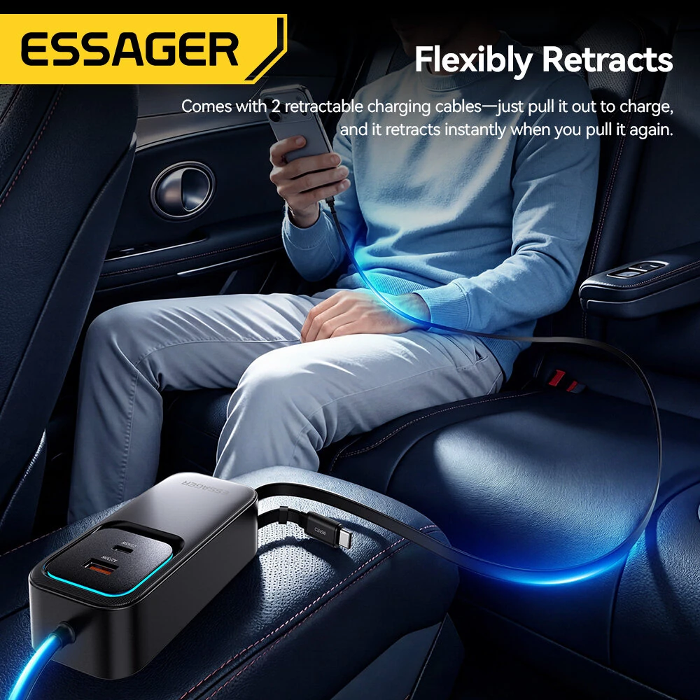 ESSAGER F789 135W Rear-Seat Car Charger with Retractable Cables 2USB-A+2Type-C+2Type-C Retractable Cables Support QC2.0/3.0/4.0 PD3.0 AFC PPS SCP FCP Fast Charging for iPhone 17 17Pro 16 Pro Max 15 14 13 for Huawei Mate XTs for OPPO for VIVO — view 4