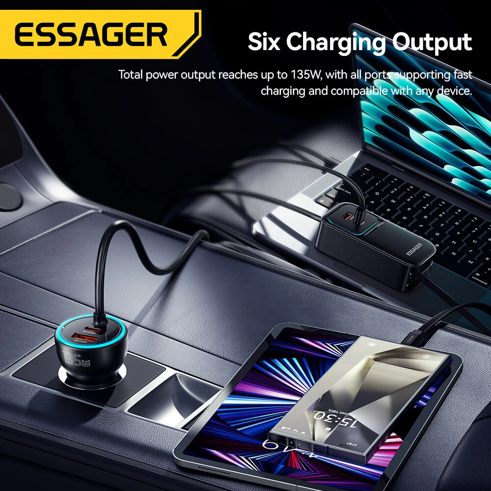 ESSAGER F789 135W Rear-Seat Car Charger with Retractable Cables 2USB-A+2Type-C+2Type-C Retractable Cables Support QC2.0/3.0/4.0 PD3.0 AFC PPS SCP FCP Fast Charging for iPhone 17 17Pro 16 Pro Max 15 14 13 for Huawei Mate XTs for OPPO for VIVO — view 5