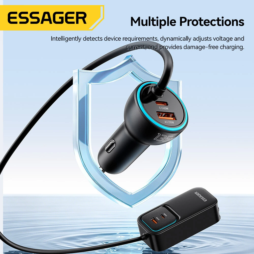 ESSAGER F789 135W Rear-Seat Car Charger with Retractable Cables 2USB-A+2Type-C+2Type-C Retractable Cables Support QC2.0/3.0/4.0 PD3.0 AFC PPS SCP FCP Fast Charging for iPhone 17 17Pro 16 Pro Max 15 14 13 for Huawei Mate XTs for OPPO for VIVO — view 6