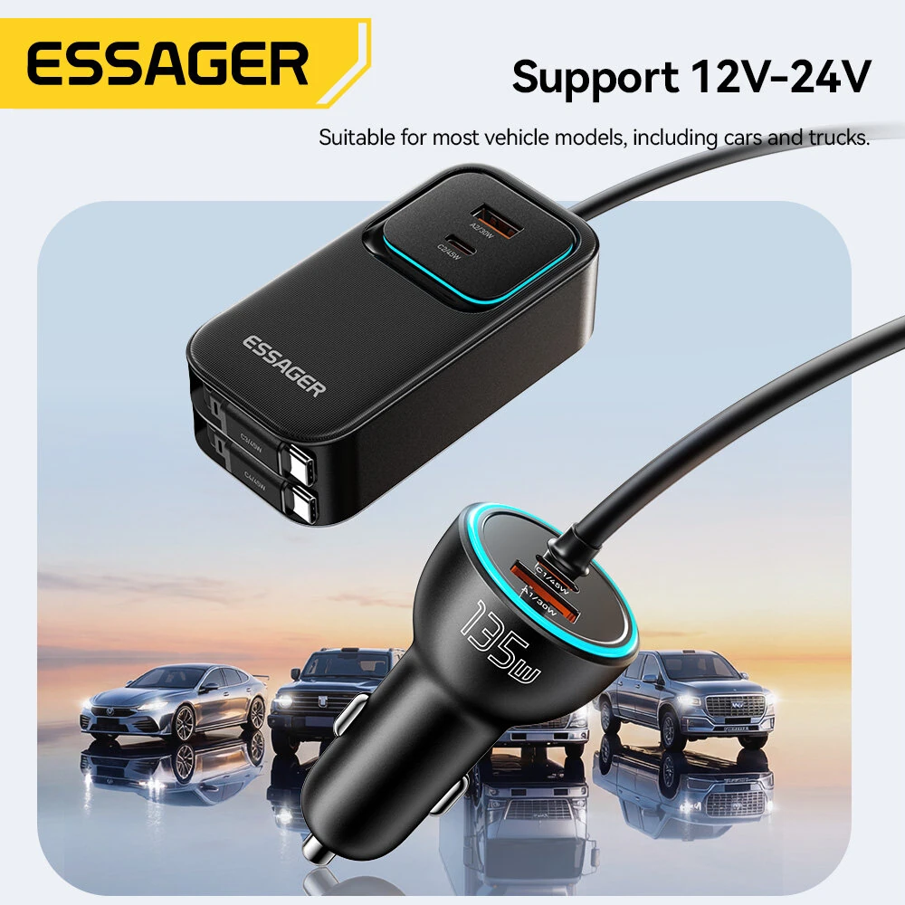 ESSAGER F789 135W Rear-Seat Car Charger with Retractable Cables 2USB-A+2Type-C+2Type-C Retractable Cables Support QC2.0/3.0/4.0 PD3.0 AFC PPS SCP FCP Fast Charging for iPhone 17 17Pro 16 Pro Max 15 14 13 for Huawei Mate XTs for OPPO for VIVO — view 7