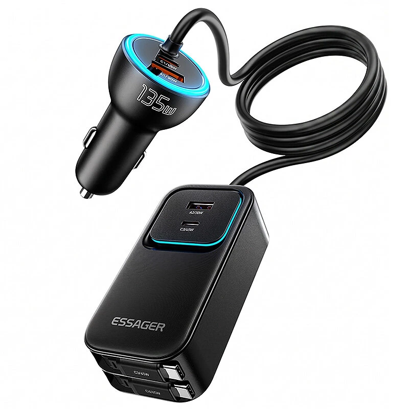 ESSAGER F789 135W Rear-Seat Car Charger with Retractable Cables 2USB-A+2Type-C+2Type-C Retractable Cables Support QC2.0/3.0/4.0 PD3.0 AFC PPS SCP FCP Fast Charging for iPhone 17 17Pro 16 Pro Max 15 14 13 for Huawei Mate XTs for OPPO for VIVO — view 8