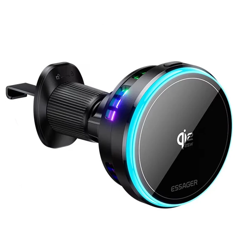 Essager T13 QI2.2 Magnetic Wireless Car Charger 25W Fast Charging Station for iPhone 17 16 15 MacSafe RGB Car Phone Holder Stand