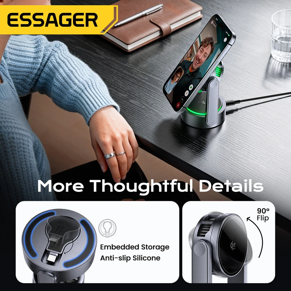 ESSAGER T50 Qi2.2 3-in-1 Magnetic Wireless Charger 25W Fast Wireless Charging Stand for Smart Phones for iPhone 17 17Pro 16 Pro Max 15 14 for Huawei Mate XTs for OPPO for Airpods for Apple Watch — view 4