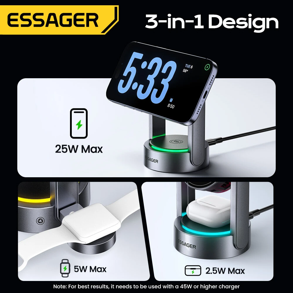ESSAGER T50 Qi2.2 3-in-1 Magnetic Wireless Charger 25W Fast Wireless Charging Stand for Smart Phones for iPhone 17 17Pro 16 Pro Max 15 14 for Huawei Mate XTs for OPPO for Airpods for Apple Watch — view 6