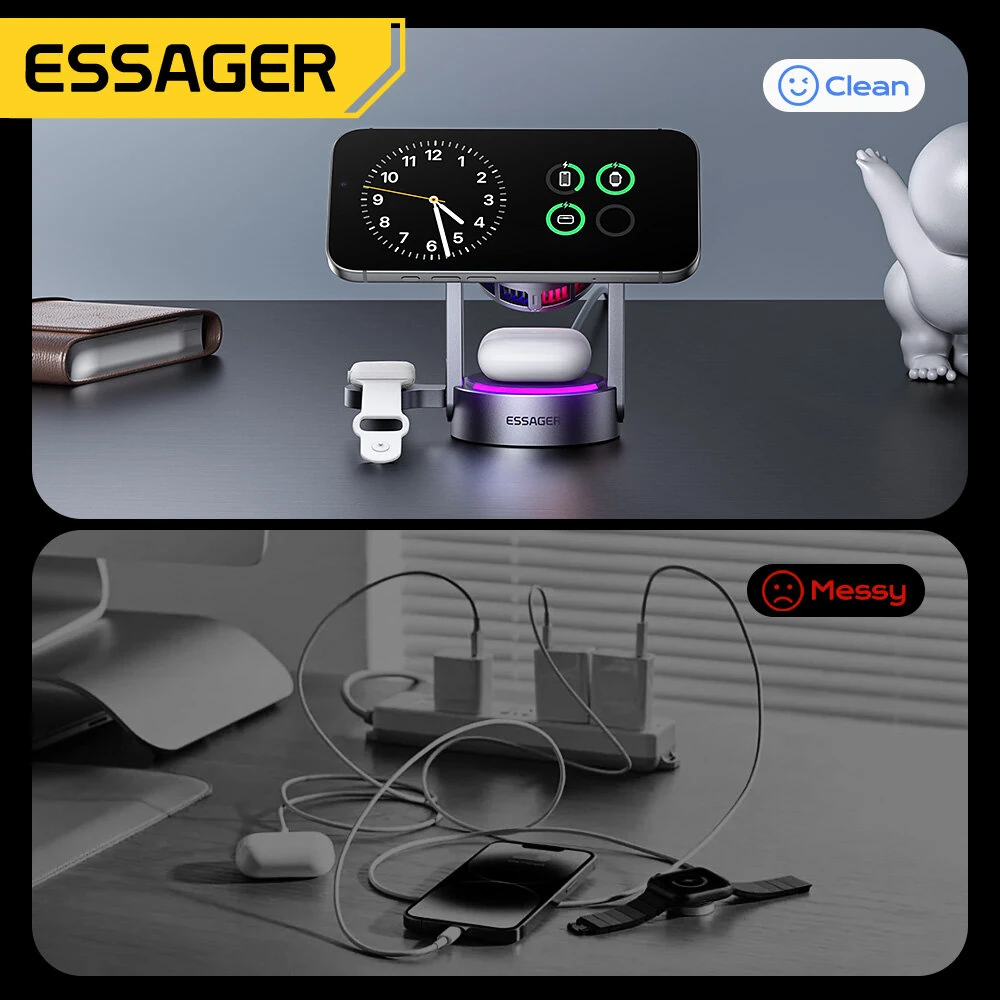 ESSAGER T50 Qi2.2 3-in-1 Magnetic Wireless Charger 25W Fast Wireless Charging Stand for Smart Phones for iPhone 17 17Pro 16 Pro Max 15 14 for Huawei Mate XTs for OPPO for Airpods for Apple Watch — view 7