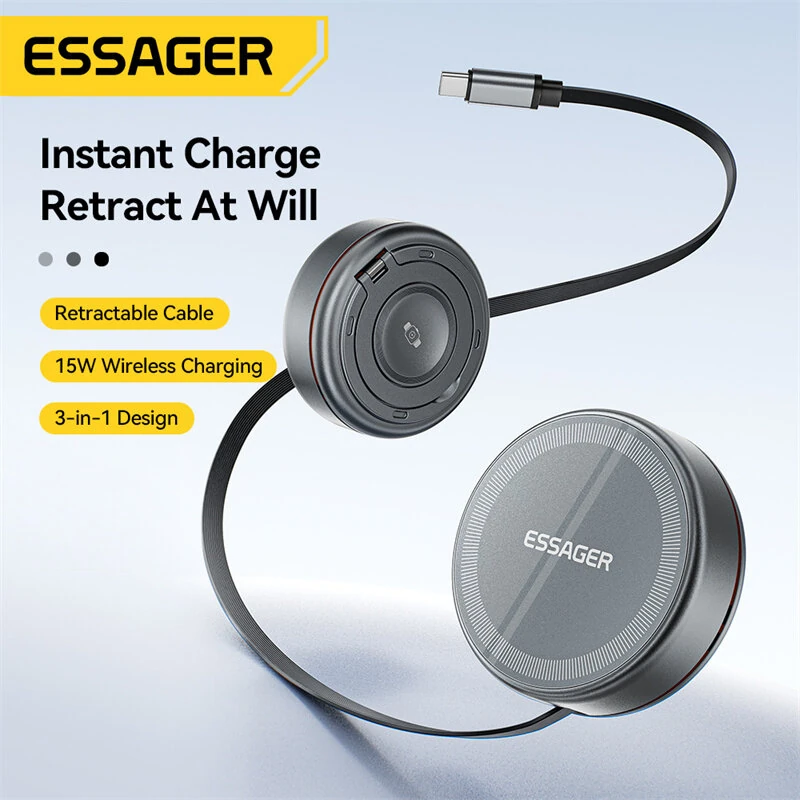 ESSAGER Z19 3-in-1 15W Wireless Charger with Retractable Cable Phone Stand Design Fast Wireless Charging Pad for Smart Phones for iPhone 17 17Pro 16 15 Pro Max for HUAWEI for SAMSUNG for Apple Watch for Airpods — view 2