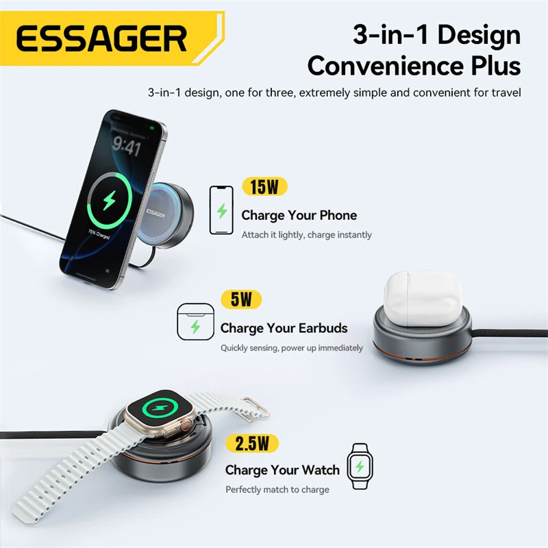 ESSAGER Z19 3-in-1 15W Wireless Charger with Retractable Cable Phone Stand Design Fast Wireless Charging Pad for Smart Phones for iPhone 17 17Pro 16 15 Pro Max for HUAWEI for SAMSUNG for Apple Watch for Airpods — view 3