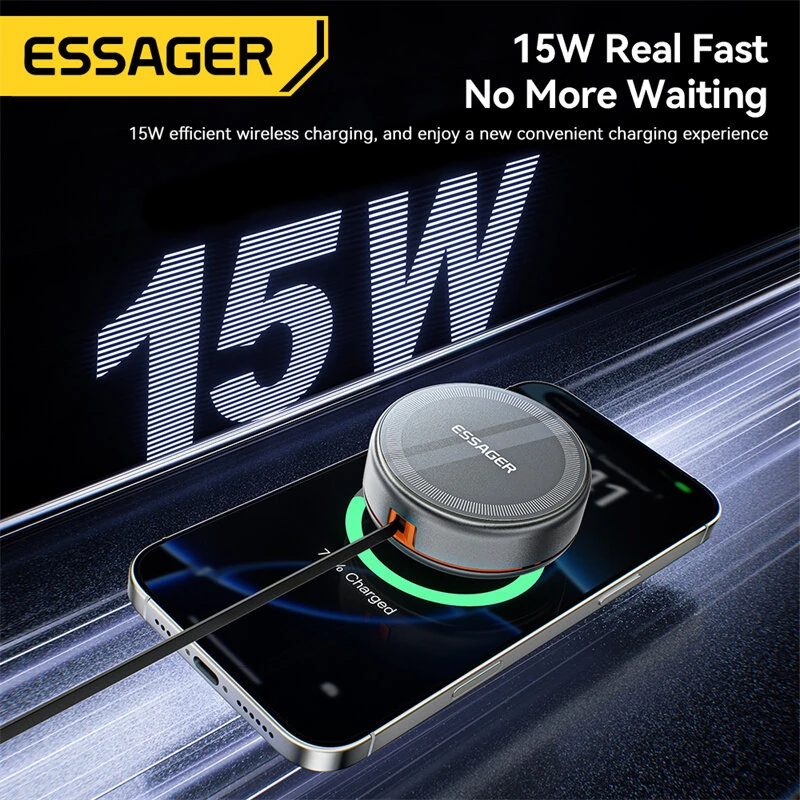 ESSAGER Z19 3-in-1 15W Wireless Charger with Retractable Cable Phone Stand Design Fast Wireless Charging Pad for Smart Phones for iPhone 17 17Pro 16 15 Pro Max for HUAWEI for SAMSUNG for Apple Watch for Airpods — view 5