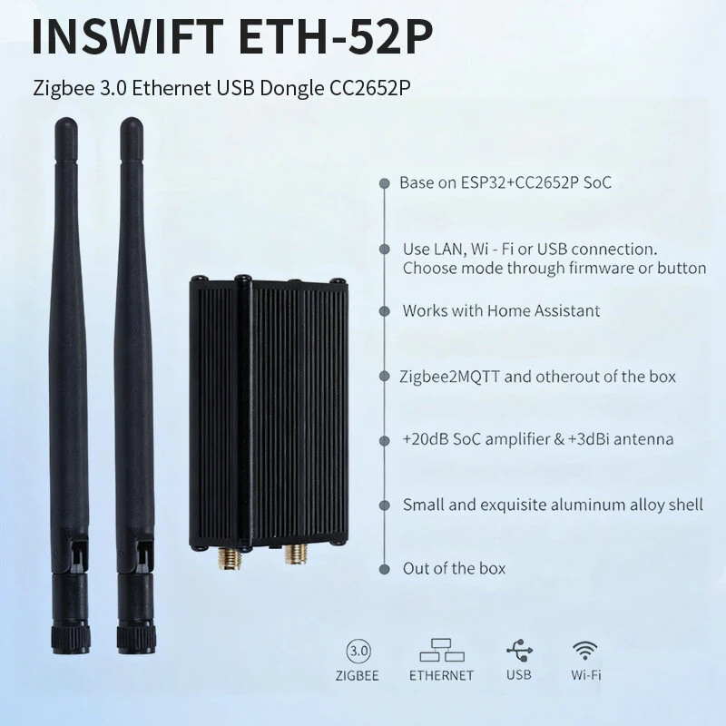 ETH-52P Zigbee3.0 Gateway USB Dongle Ethernet WiFi Adapter Support Zigbee2MQTT Home Assistant OTA Aluminum Case Smart Hub — view 3