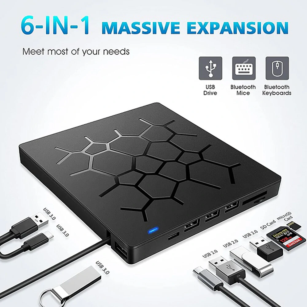 External CD/DVD Drive USB 3.0 Type-C 6 in 1 DVD Drive Player Optical Drive With SD/TF & USB3.0 Slots Optical Drives For PC Laptop